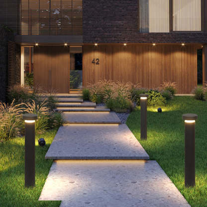 Pena Outdoor Path Lights illuminating modern home walkway