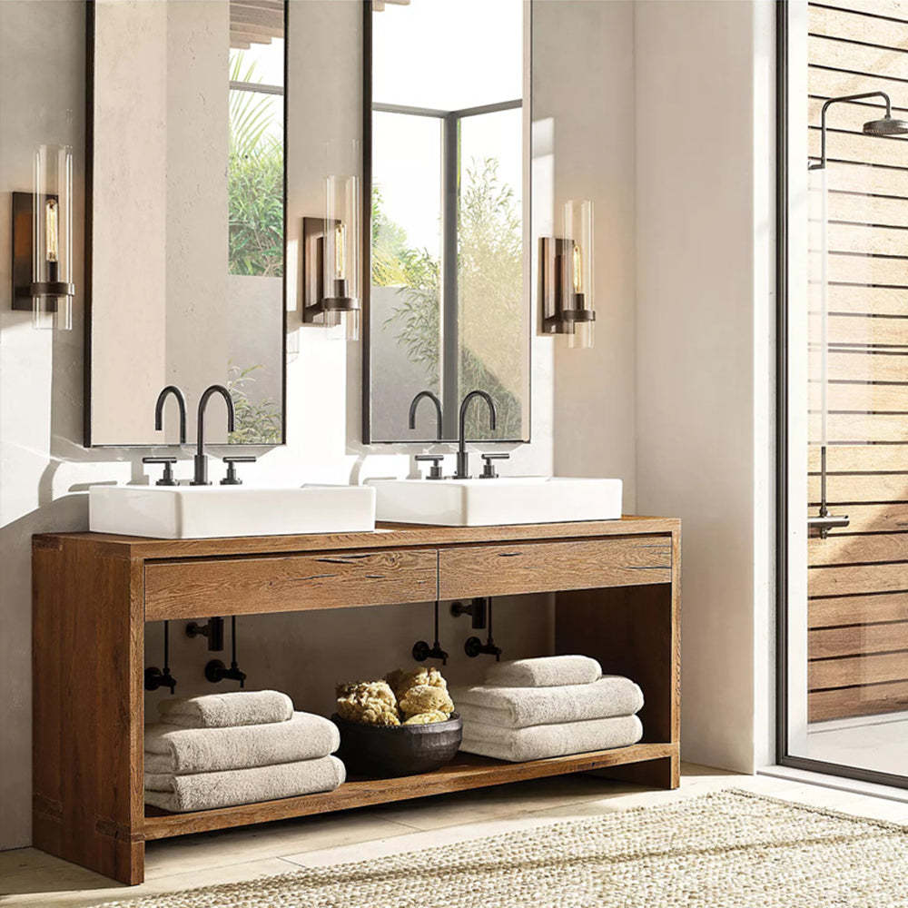 Silver Leigh cylinder wall lights in modern bathroom.