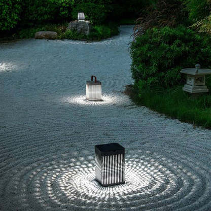 Orr solar outdoor floor lamps on zen garden.