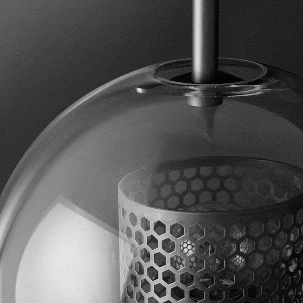 Close-up of Oneal industrial wall lamp metal and glass shade