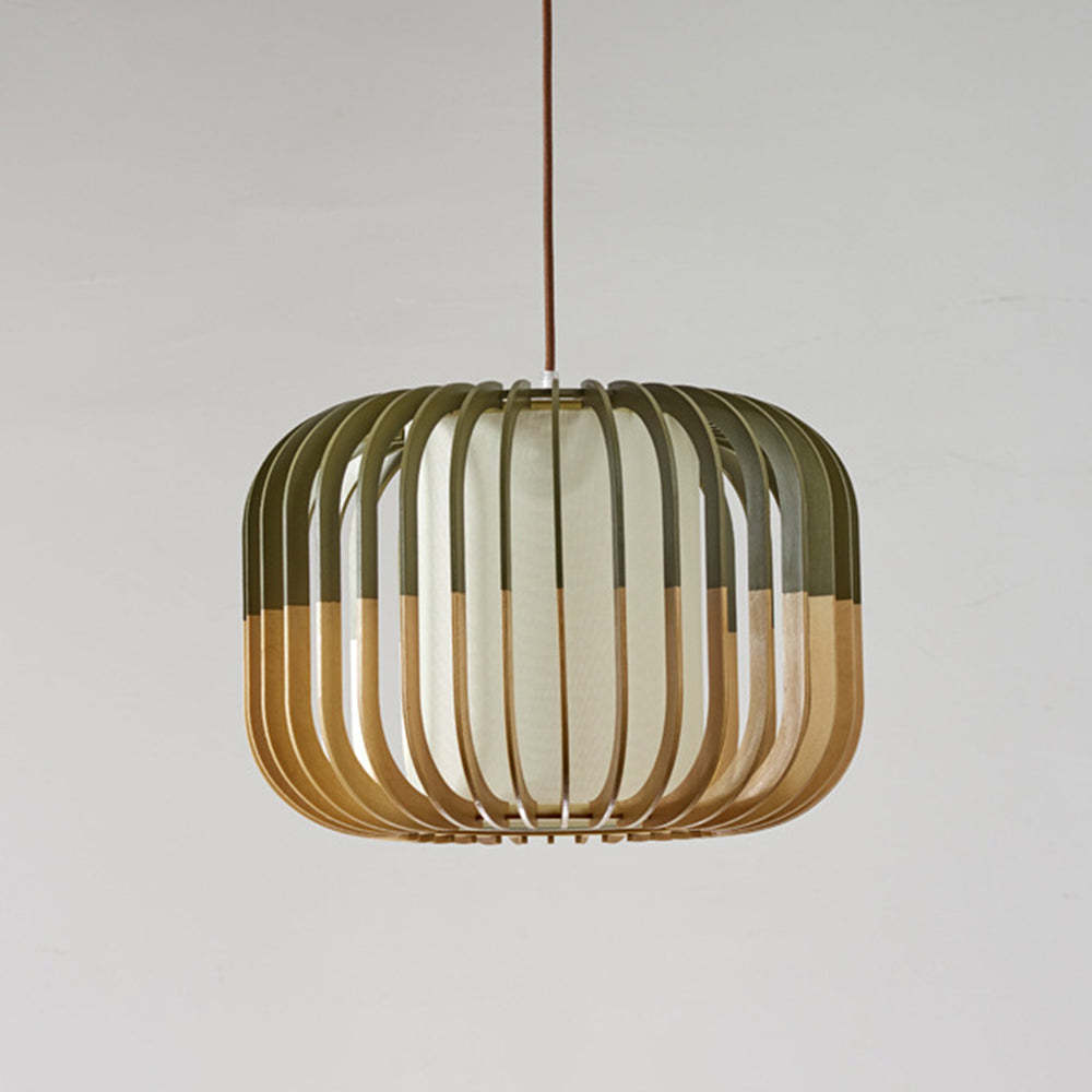Ozawa birdcage pendant light. Modern wood & fabric lighting fixture.