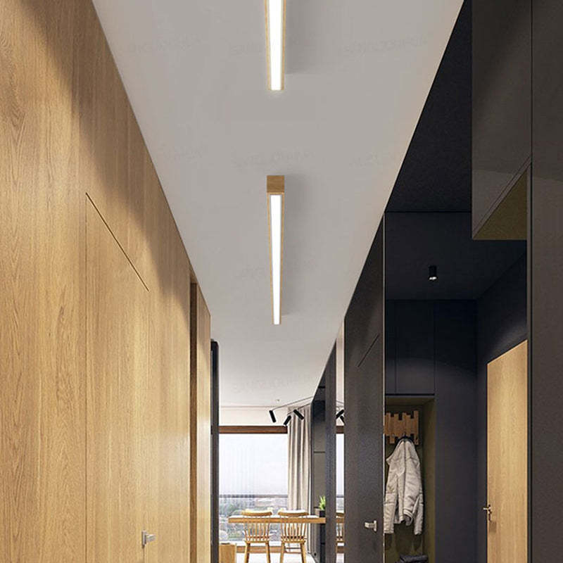 Wood Edge Linear Ceiling Lights in modern hallway.