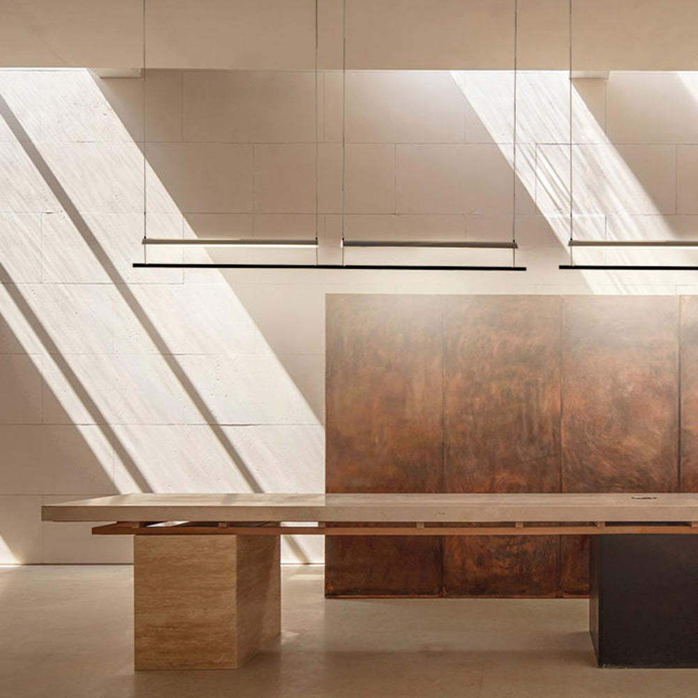 Modern linear pendant lights over table, Las Sola artistic lighting