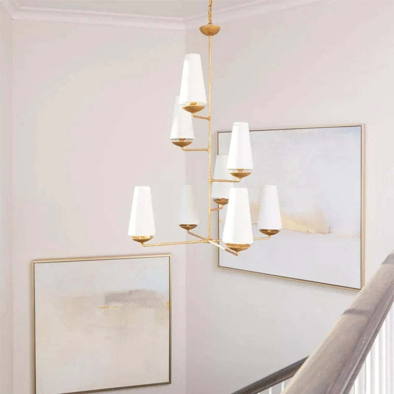 Alessio chandelier with cylinder fabric lights, gold frame.