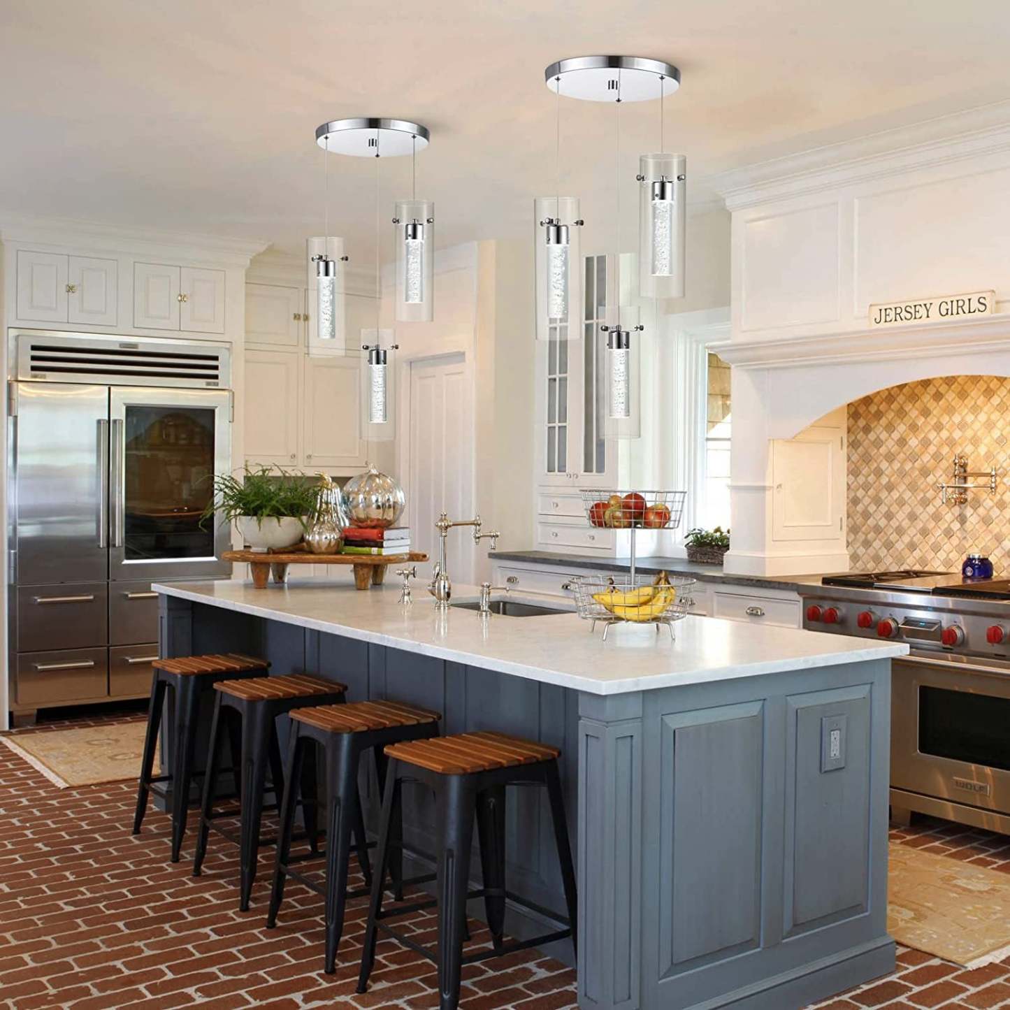 Quinn pendant lights in kitchen with island and stools