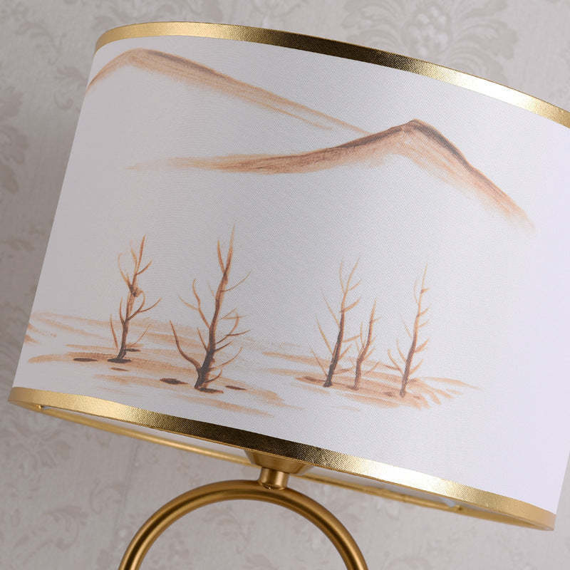 Sano Table Lamp detail, fabric shade with landscape design, gold rim