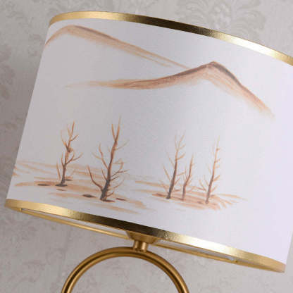 Sano Table Lamp detail, fabric shade with landscape design, gold rim