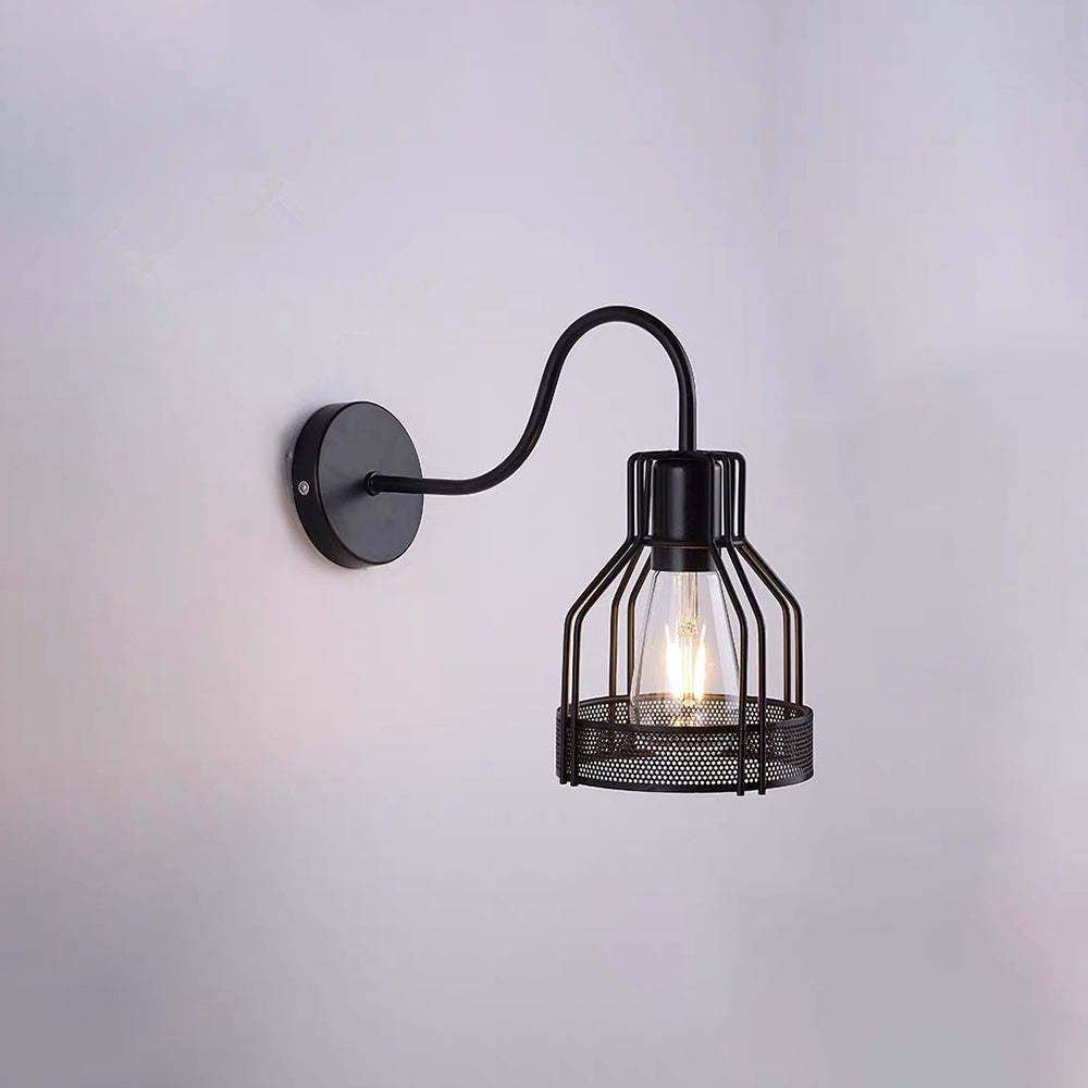 Black metal Alessio vintage wall lamp with caged bulb.
