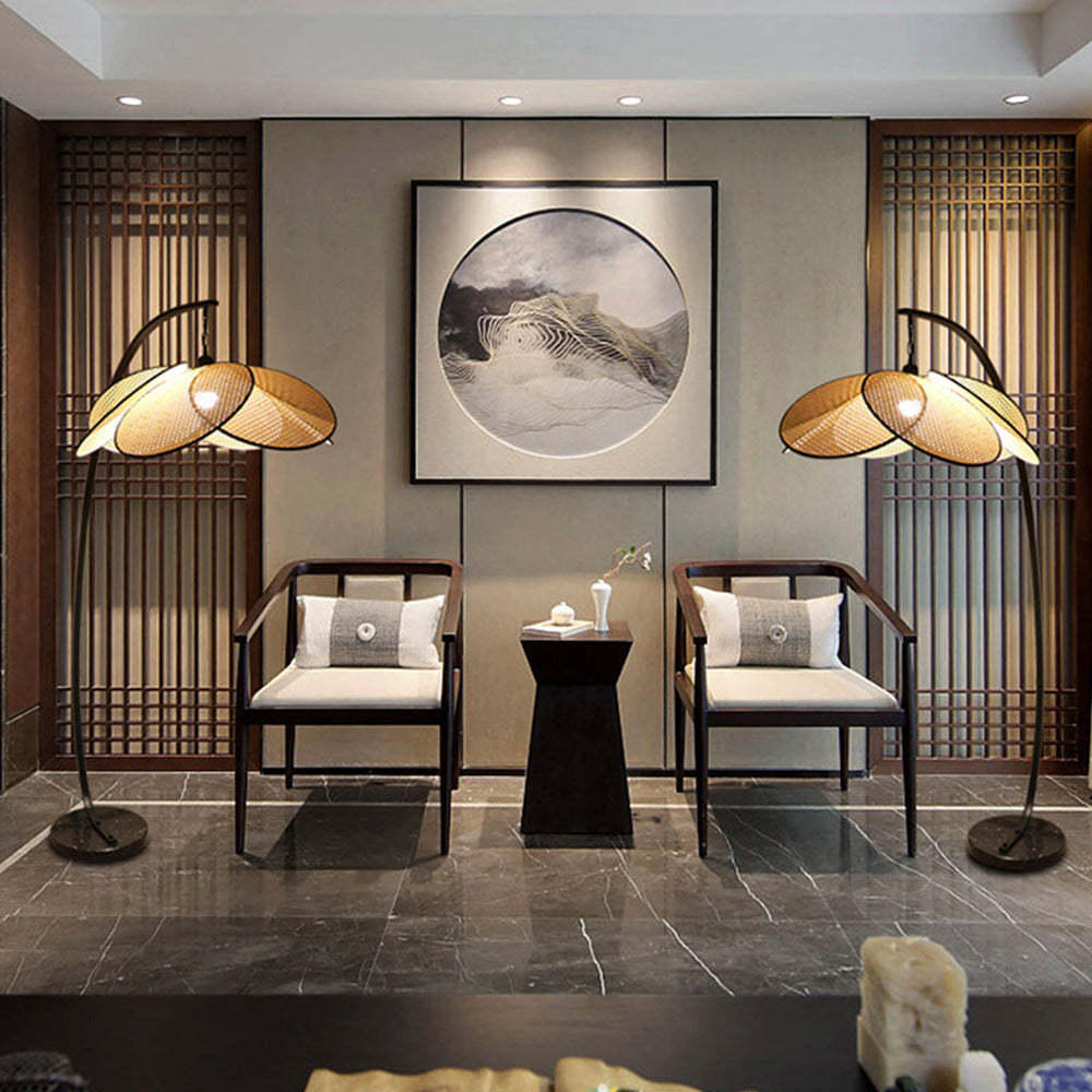Ritta rattan floor lamp in living room. Ritta Artistic Flower Rattan/Willow Weave Floor Lamp