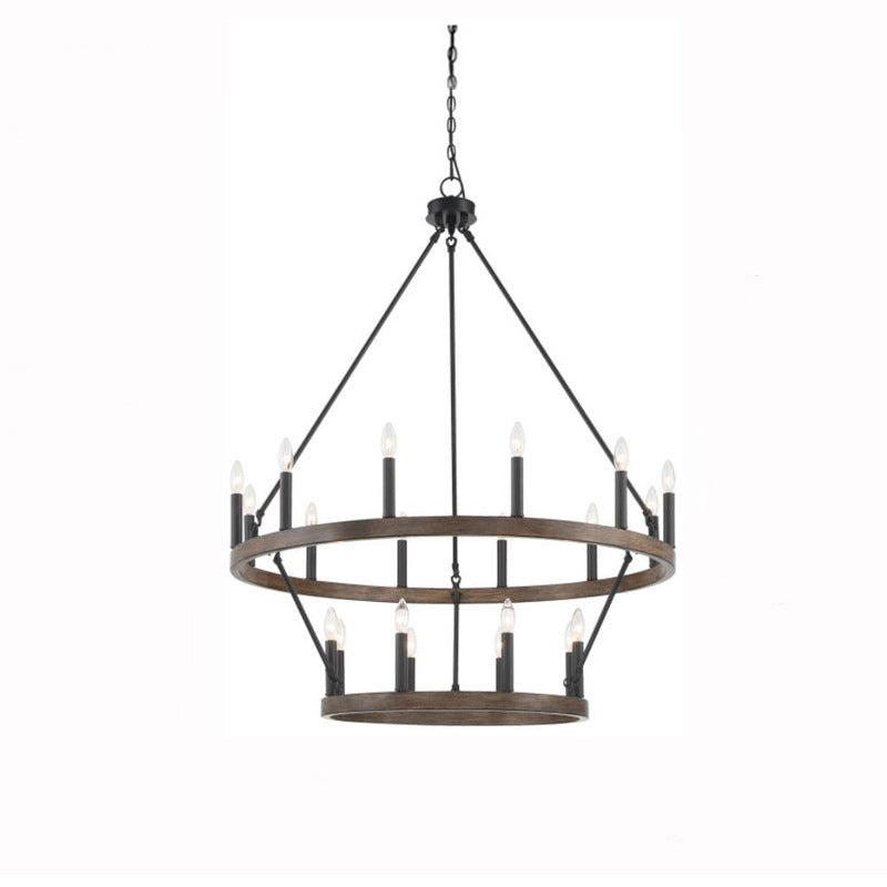 Modern wooden chandelier with candle lights, perfect for living room.