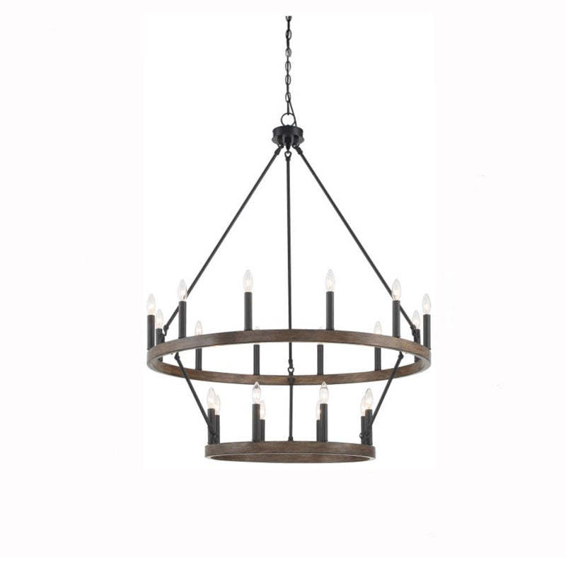 Modern wooden chandelier with candle lights, perfect for living room.