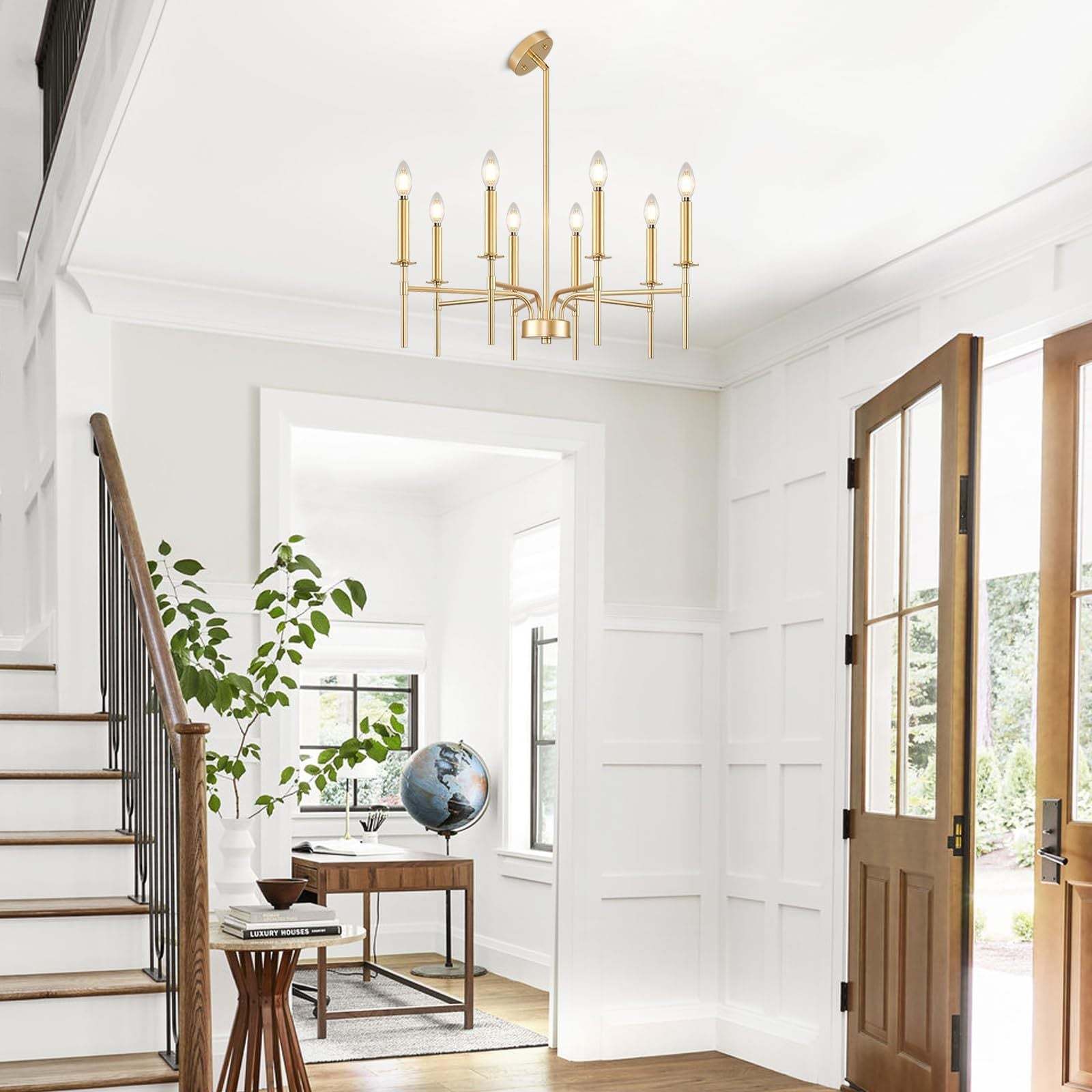 Gold pendant light in entryway, interior design