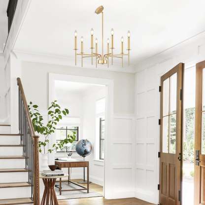 Gold pendant light in entryway, interior design