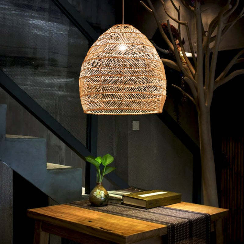 Muto Rattan Bamboo Pendant Light over Wooden Table