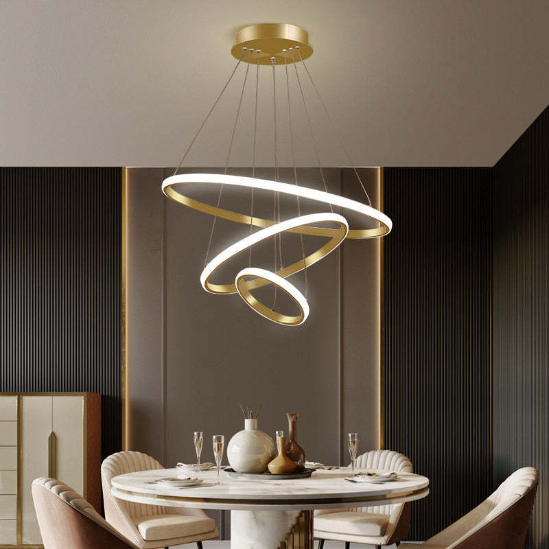 Gold Ring LED Pendant Light above Dining Table