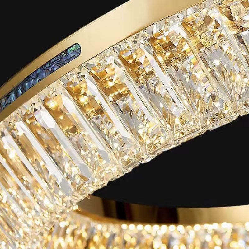 Close-up detail of crystal chandelier with abalone inlay