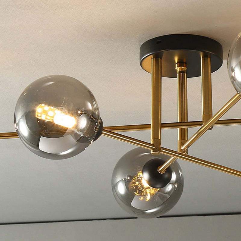 Valentina industrial chandelier, close-up of glass globes and lights