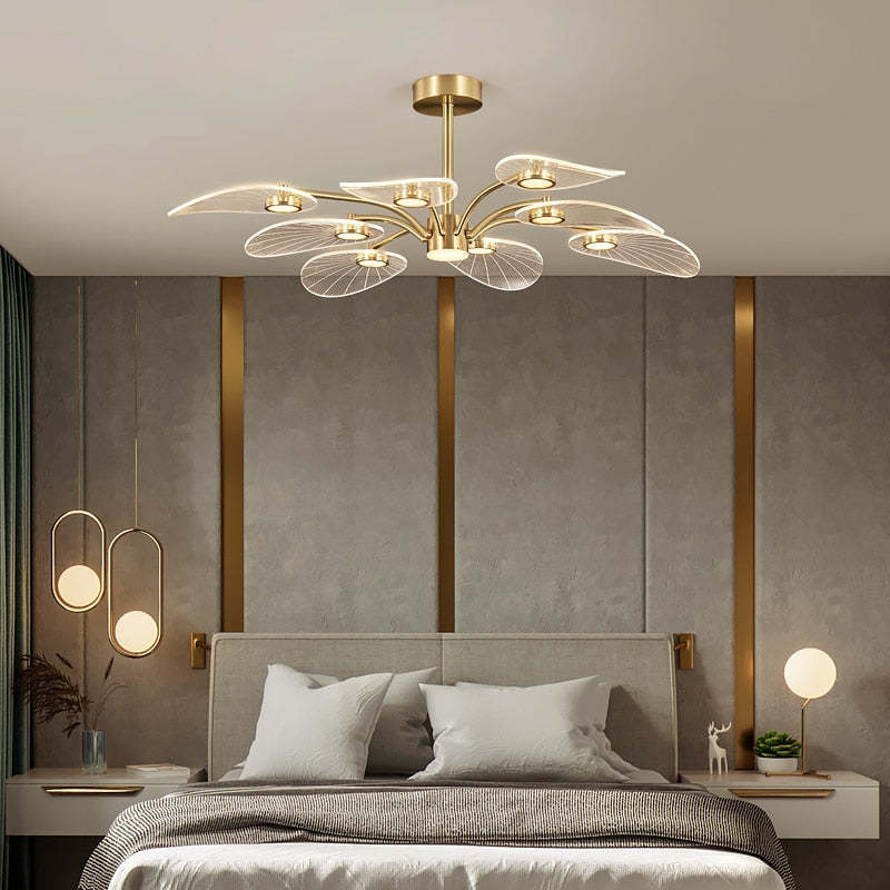 Elegant bedroom with Carins Art Deco Leaf Chandelier lighting