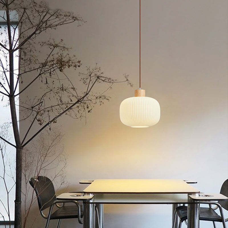 Ozawa wood glass pendant light over table. Contemporary lighting Ozawa Modern Wood Glass Pendant Light