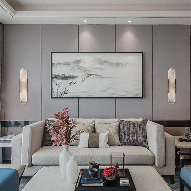 Modern Living Room with Chan Dolomite Wall Sconces