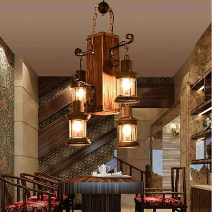 Rustic Austin pendant light. Metal and wood hanging lanterns.