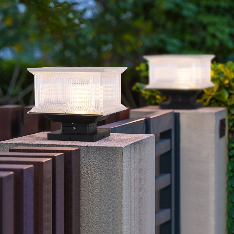 Outdoor LED post light. Modern solar fence lamp.