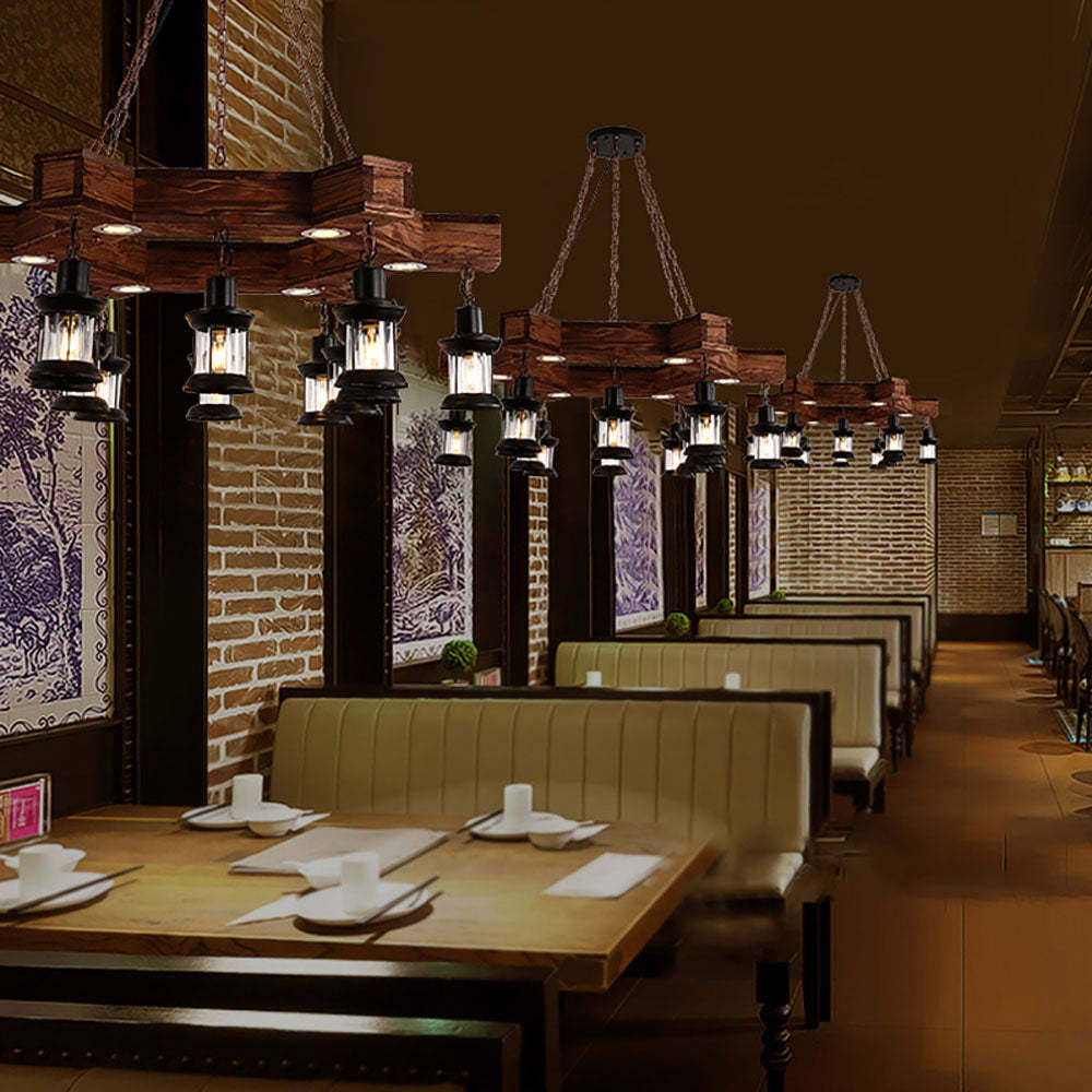 Restaurant with walnut retro metal pendant lights