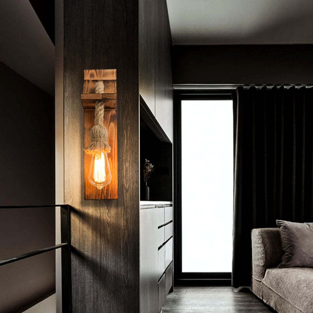 Wood & rope wall light, rustic design