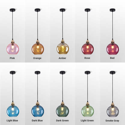 Hailie glass pendant lights: Pink, Orange, Amber, Rose, Red, Blue, Green, Gray.