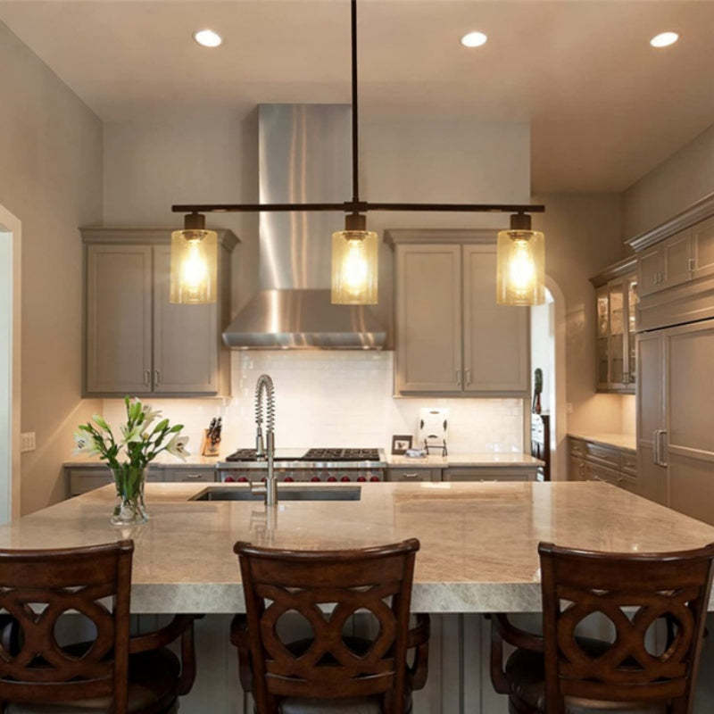 Leigh Industrial Chandelier in Kitchen, over kitchen island