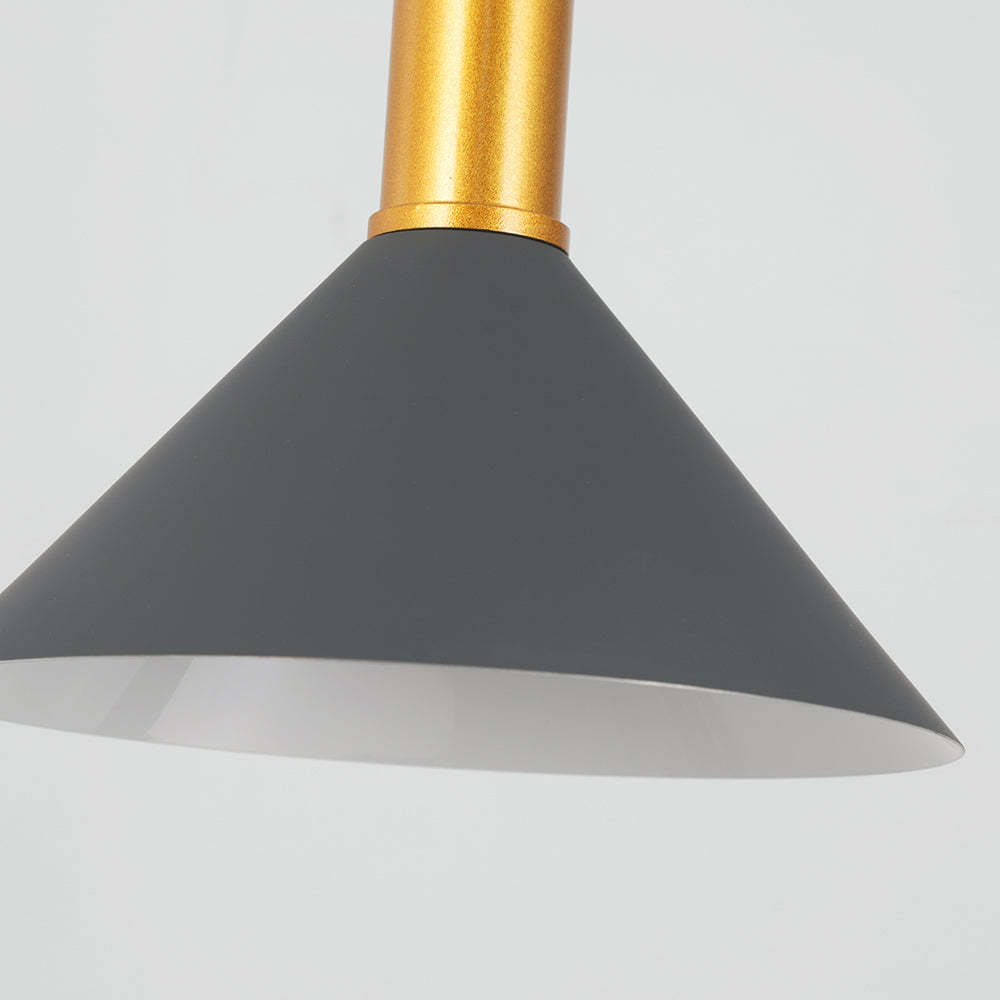 Carins pendant light. Gray conic lampshade with gold rod.