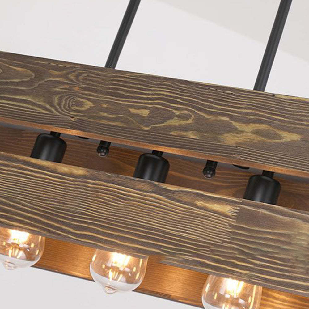 Alessio retro LED pendant light. Wood and metal fixture detail.