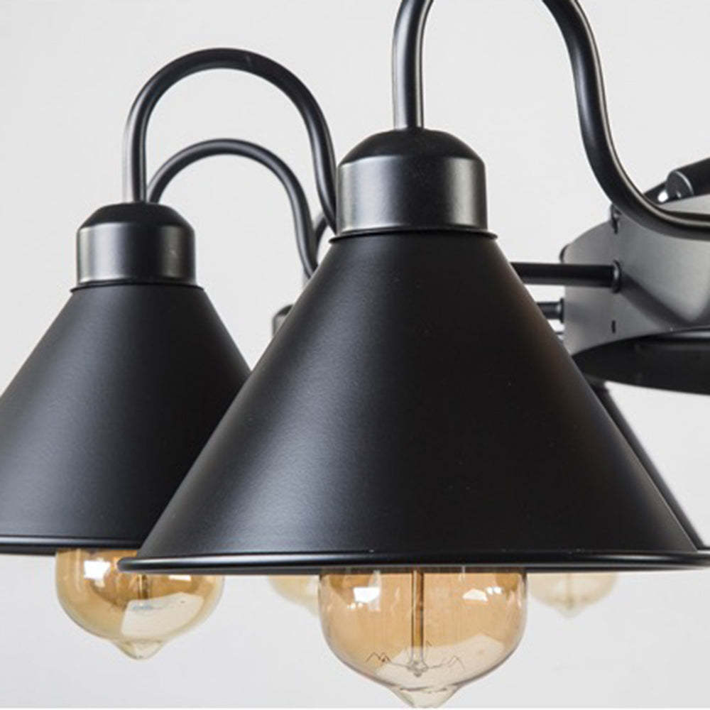 Epoch Industrial Chandelier close-up, black metal shades