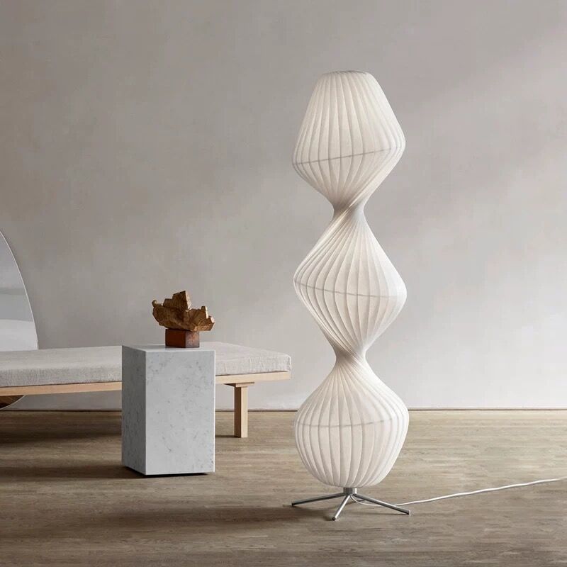 Modern white fabric floor lamp in minimalist interior