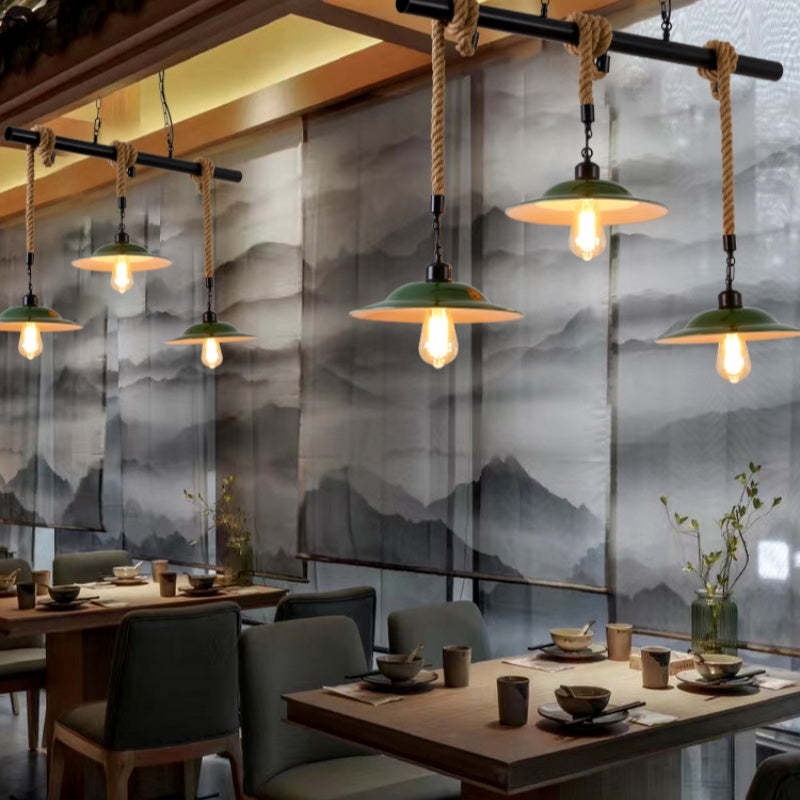 Vintage Green Pendant Lights over restaurant tables