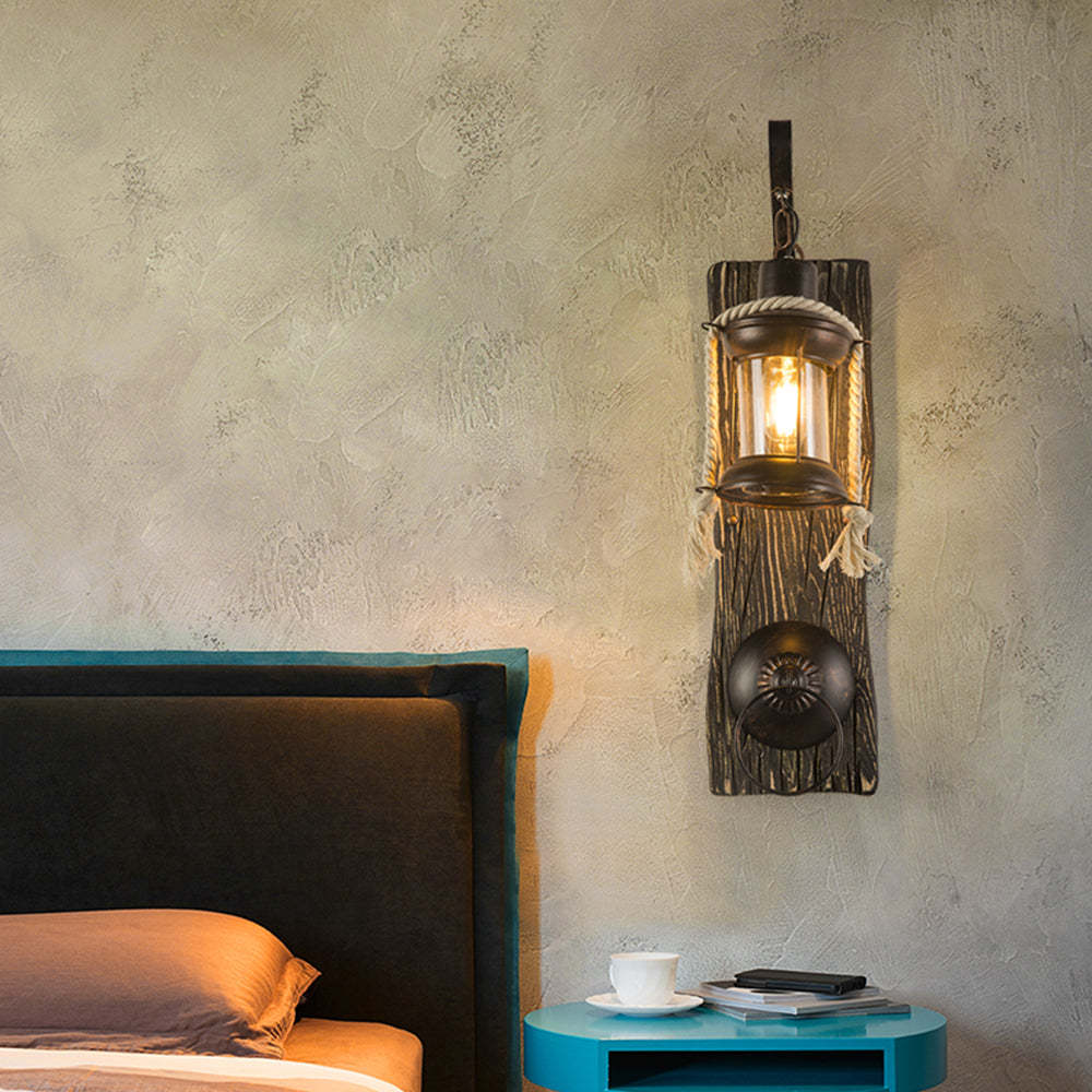Retro lantern wall lamp in wooden bedroom