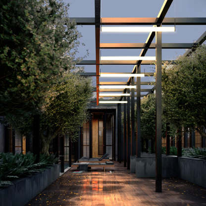 Modern outdoor pendant lights illuminate patio.