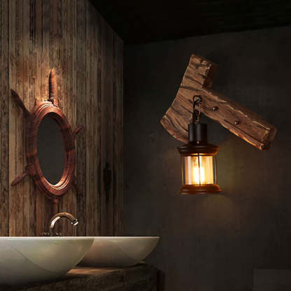 Rustic hammer-shaped Austin wall lamp in wooden bathroom