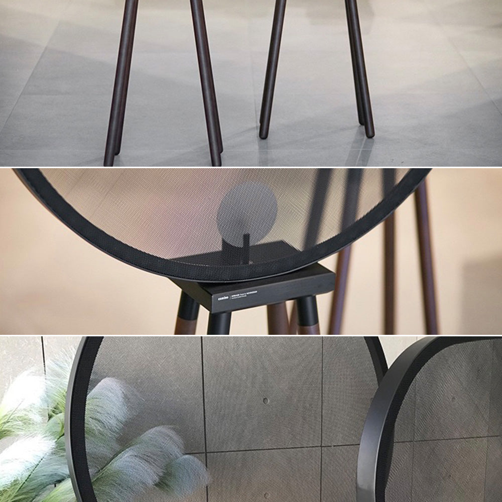 Cooley floor lamp: metal mesh shade & wood legs detail.