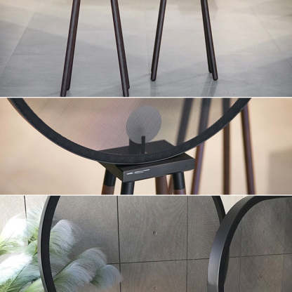 Cooley floor lamp: metal mesh shade & wood legs detail.
