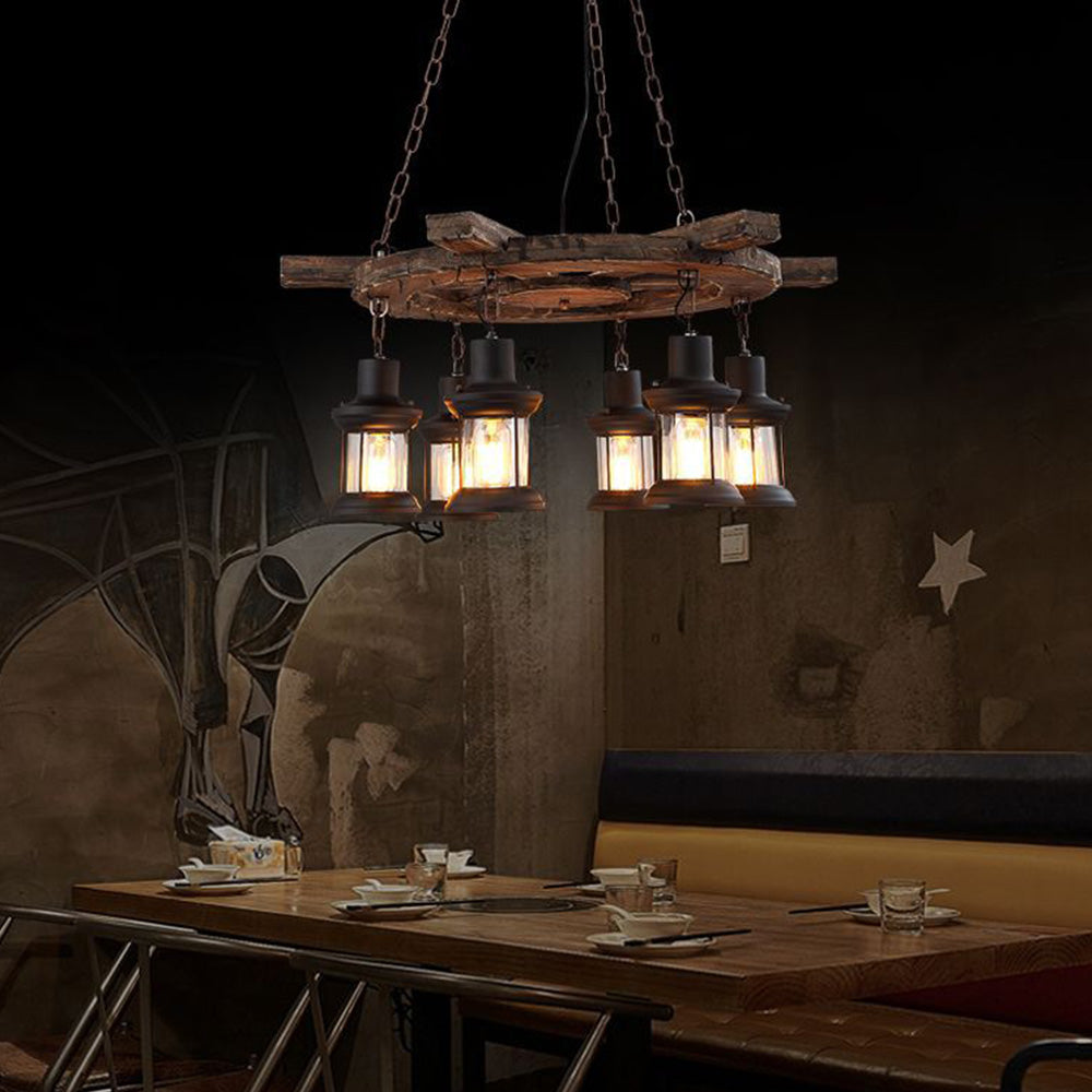 Rustic rudder pendant light. 6-light metal and wood chandelier.