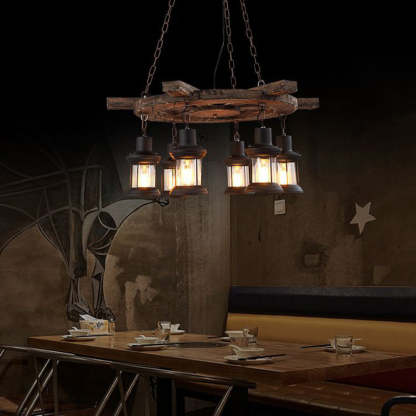 Rustic rudder pendant light. 6-light metal and wood chandelier.