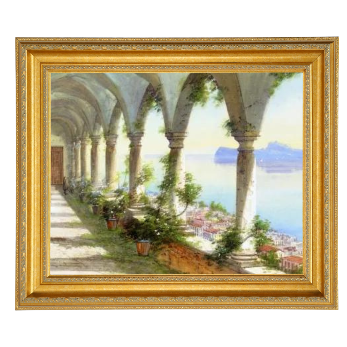 Capri Island landscape painting in a gold frame for living room