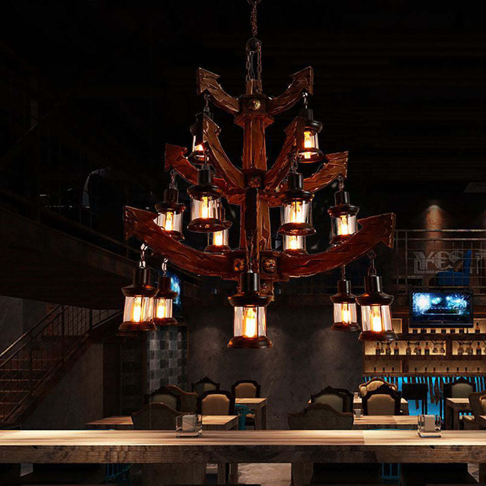 Retro wood chandelier with lantern lights