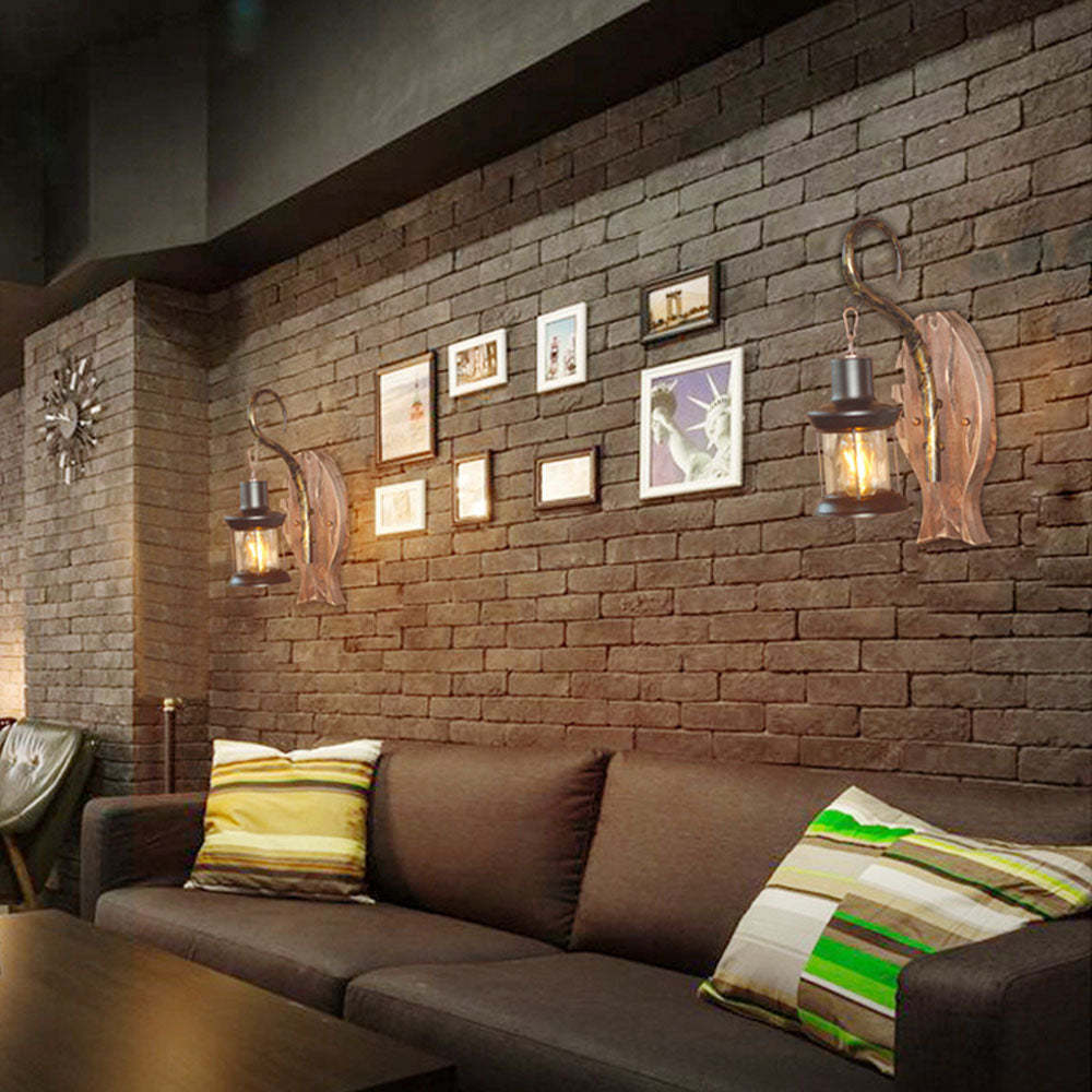 Fish-shaped wooden wall lamp on a brick wall, living room lighting