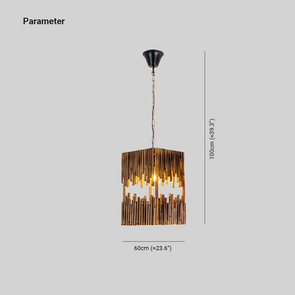 Rectangular wood pendant light with metal frame and dimensions.