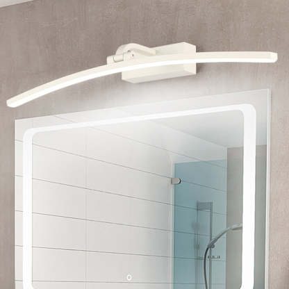 White curved LED wall lamp above a bathroom mirror