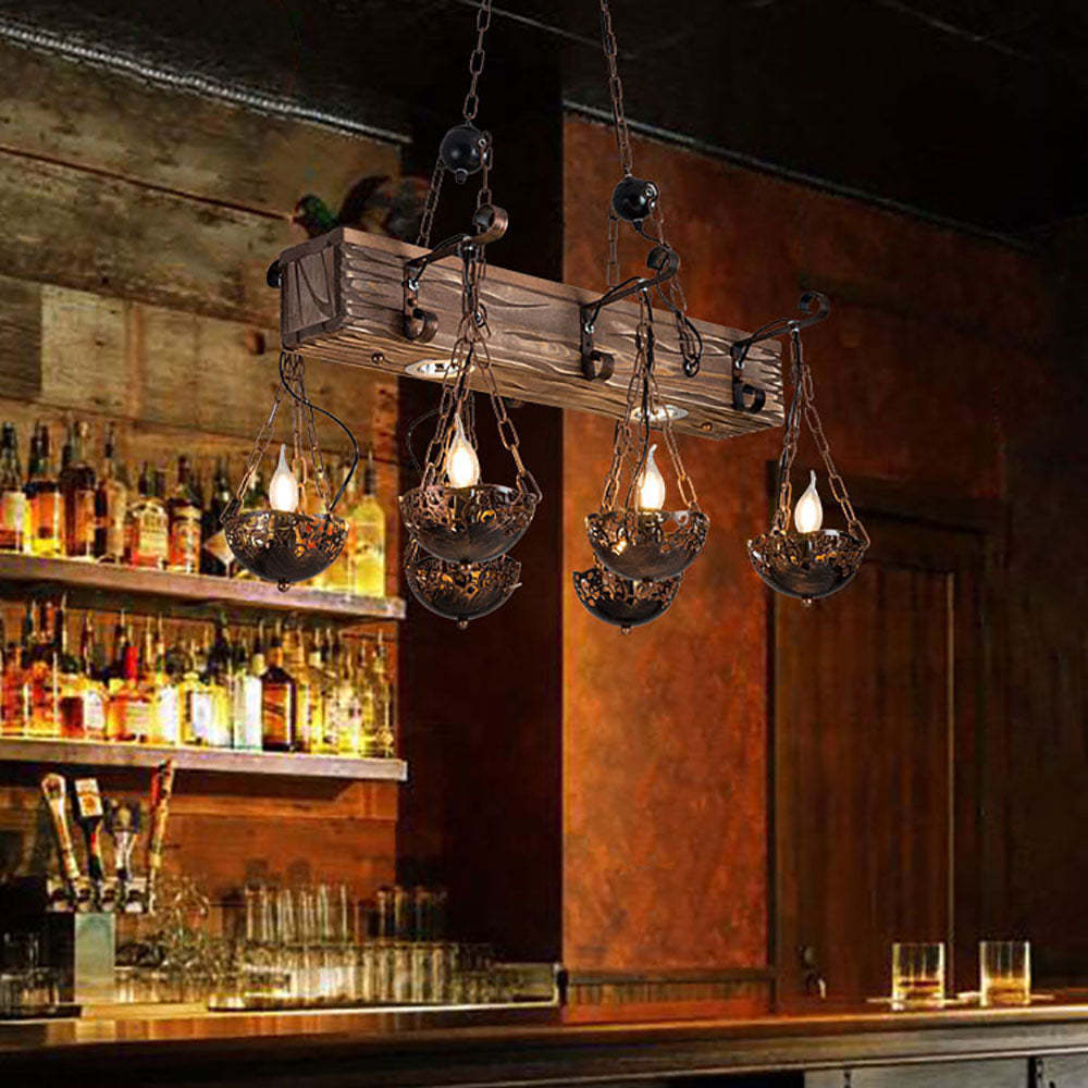 Bronze Austin wood pendant light in bar. Industrial metal lighting.
