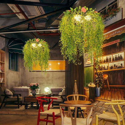 Nest pendant light with flower decor in a cozy cafe
