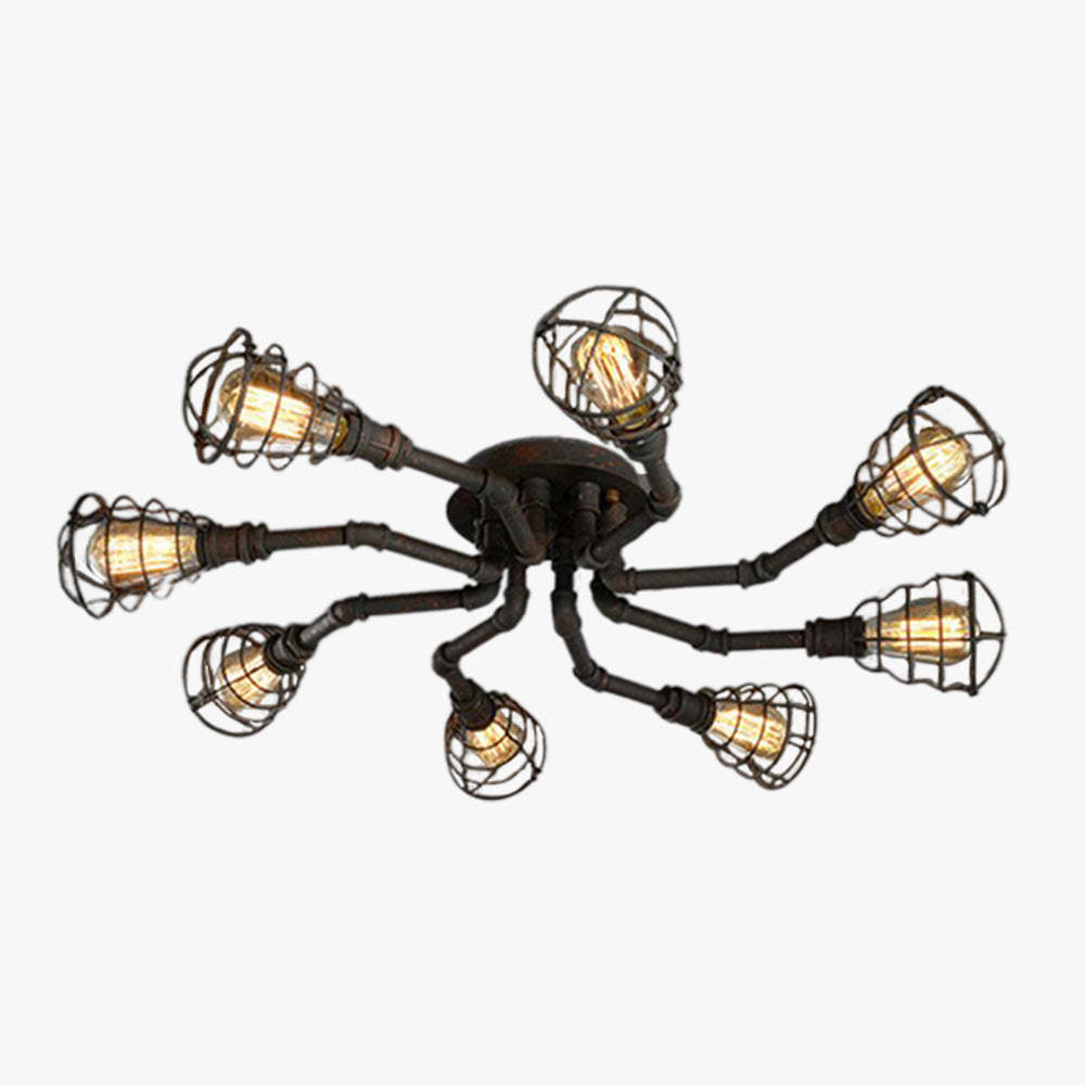 Alessio brass flush mount ceiling light with caged bulbs.